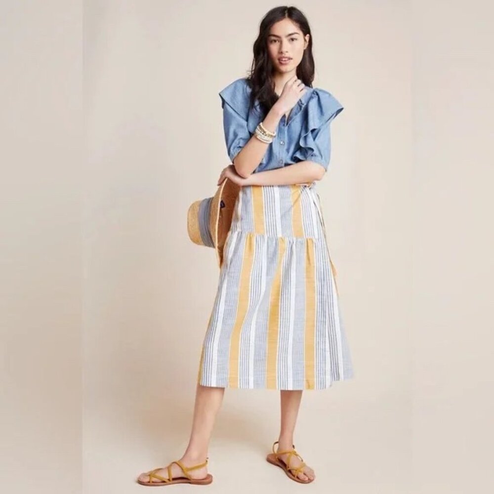 Anthropologie Maeve Yellow and White Striped A-Line Midi Skirt